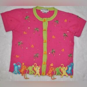 Jack B Quick Women's S/S Cardigan Sweater Monkey Embroidered Pink Sz PP (2-4)